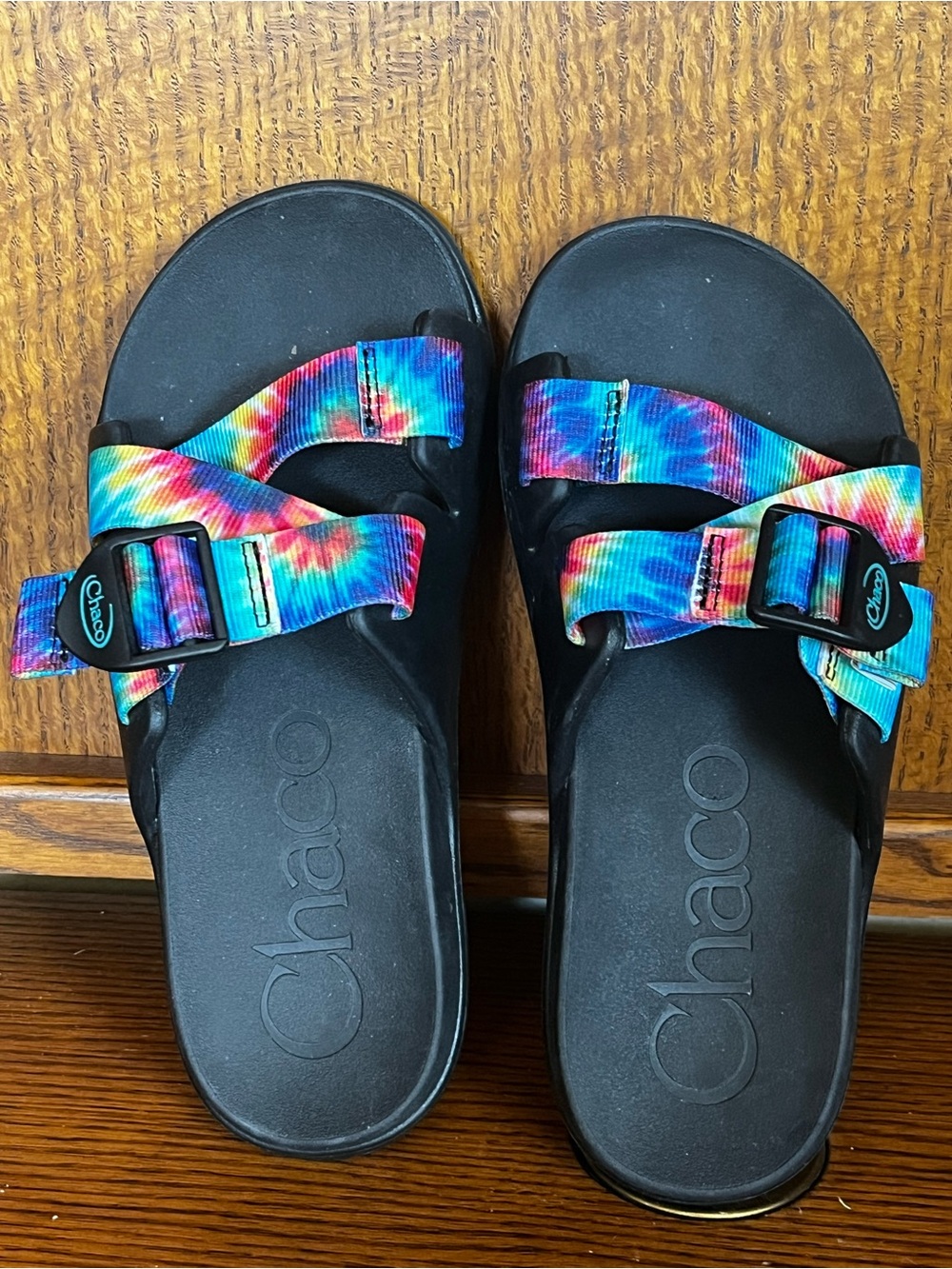 Chaco Women's Black Sandals with Rainbow Tie-Dye Straps